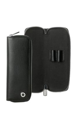 Textured-leather zipped pen pouch with branded hardware, Black