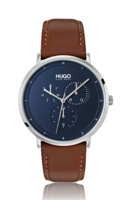 HUGO - Leather-strap watch with blue dial