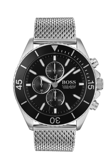 Stainless-steel chronograph watch with rotating bezel and mesh bracelet, Silver