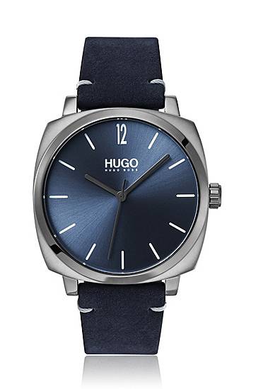 HUGO Cushion-shaped watch with blue dial and leather strap
