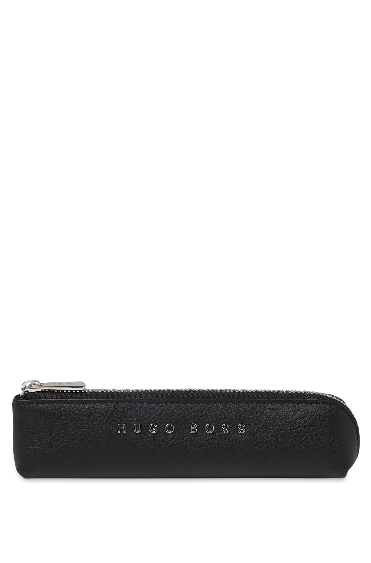 Black-grained-leather pen case with silver-tone logo, Black