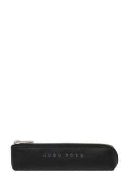 Black-grained-leather pen case with silver-tone logo, Black