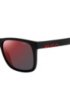 Black sunglasses with mirrored red lenses and cropped logo, Black