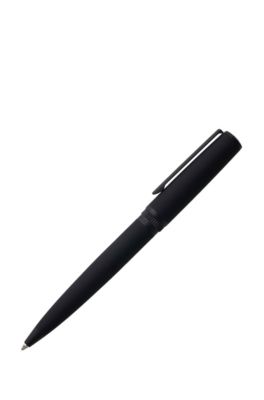 Ballpoint pen in matte-black lacquer with logo ring, Black