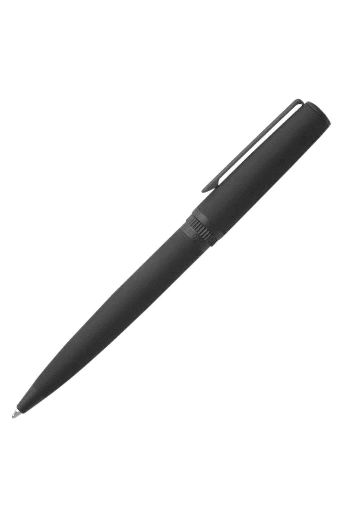 Ballpoint pen in matte-black lacquer with logo ring, Black