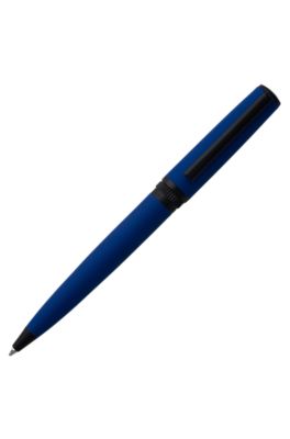 BOSS - Ballpoint pen with blue rubberised finish and logo ring