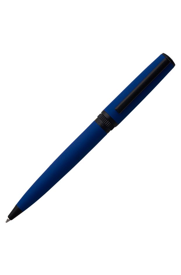 Ballpoint pen with blue rubberised finish and logo ring, Dark Blue