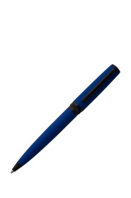 Ballpoint pen with blue rubberised finish and logo ring, Dark Blue