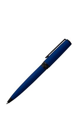 BOSS Ballpoint pen with blue rubberised finish and logo ring