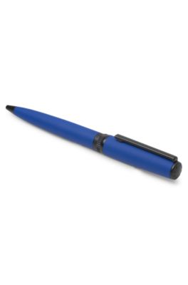 Ballpoint pen with blue rubberised finish and logo ring, Dark Blue