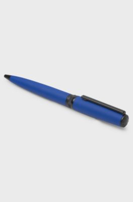 Ballpoint pen with blue rubberised finish and logo ring, Dark Blue