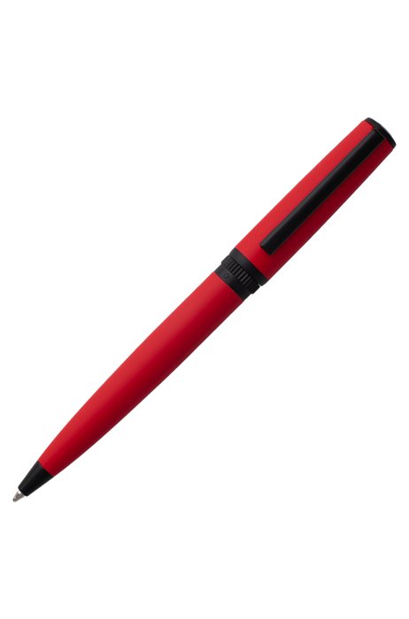 Bolígrafo con acabado rojo en goma y anilla con logo, Rojo