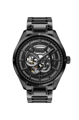 Black-plated watch with skeleton dial 