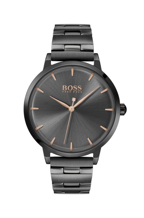 Grey-plated watch with grey dial and link bracelet, Black