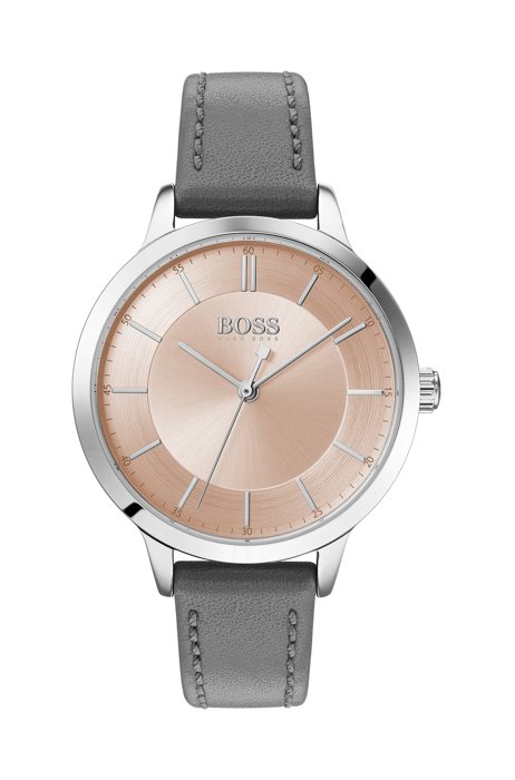 Leather-strap watch with two-tier dial, Grey