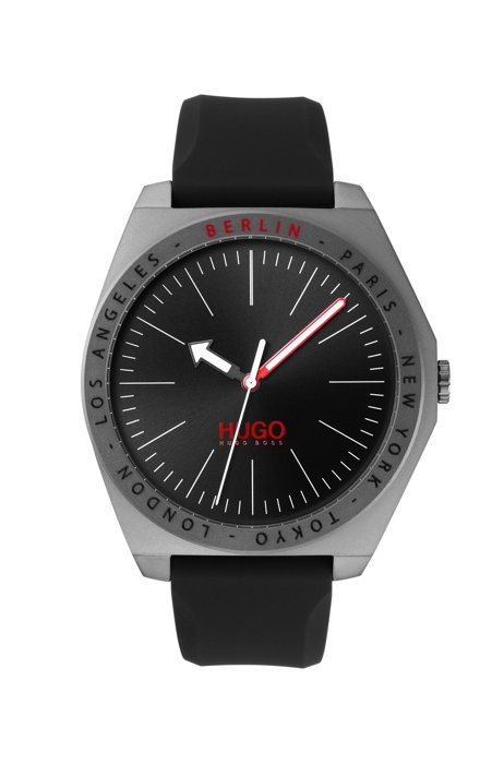 Grey-plated watch with city-name-engraved bezel, Black