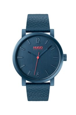 Leather-strap watch in blue-plated steel
