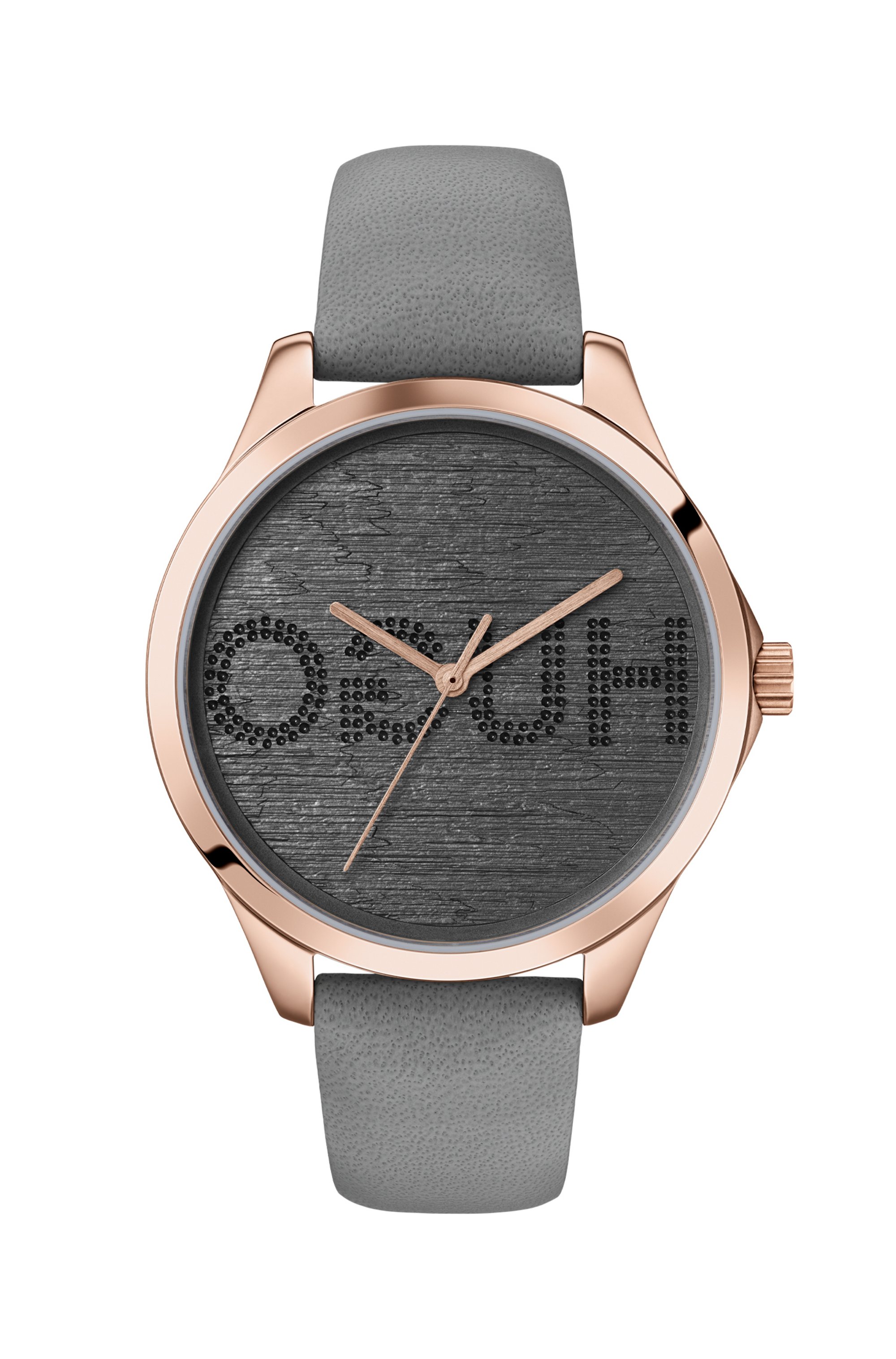 Carnation-gold-effect watch with reverse-logo dial, Grey