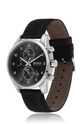 boss watch black leather