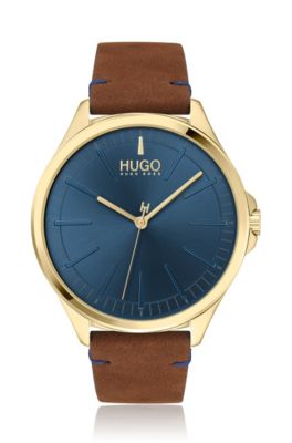 Yellow-gold-effect watch with blue dial