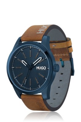 hugo boss orange blue dial leather strap watch