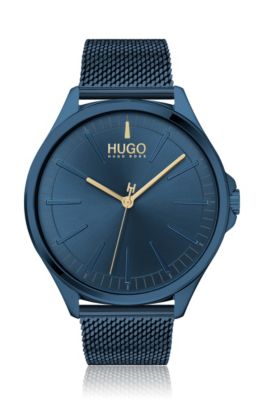 Blue-plated watch with tonal mesh 