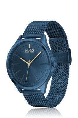Blue-plated watch with tonal mesh 