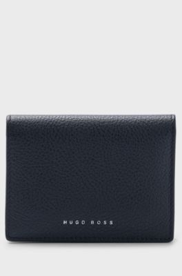 Grained-leather folding card holder with metallic logo, Black