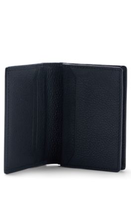 Grained-leather folding card holder with metallic logo, Black
