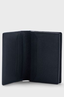 Grained-leather folding card holder with metallic logo, Black