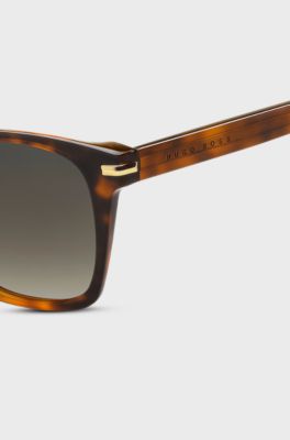 Havana-acetate sunglasses with lasered logo, Brown Patterned