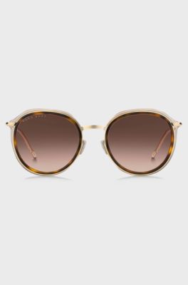 Round sunglasses in Havana acetate with nude sheath, Brown Patterned
