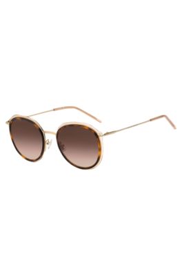Round sunglasses in Havana acetate with nude sheath, Brown Patterned