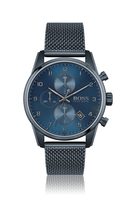 Montre chronographe plaquée bleue, avec bracelet en maille milanaise, Assorted-Pre-Pack