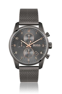 BOSS - Grey-plated watch with mesh bracelet