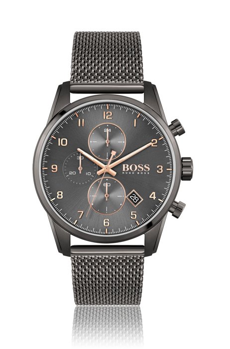 Montre chronographe en plaqué gris avec bracelet en maille milanaise, Assorted-Pre-Pack