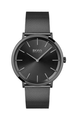 Black-plated two-hand watch with mesh 
