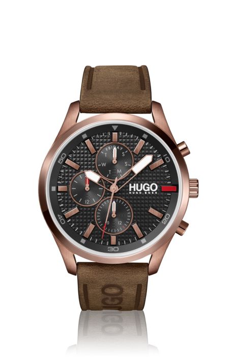 HUGO - Knurling-dial watch with brown logo strap