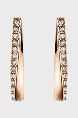 Twisted-bar earrings with gold finish and crystals, Gold tone