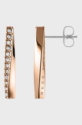 Twisted-bar earrings with gold finish and crystals, Gold tone