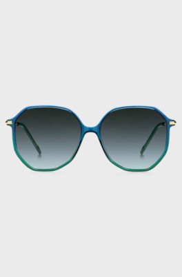Tubular-temple sunglasses with blue-green frames, Blue Patterned