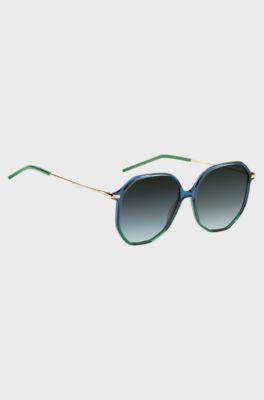 Tubular-temple sunglasses with blue-green frames, Blue Patterned