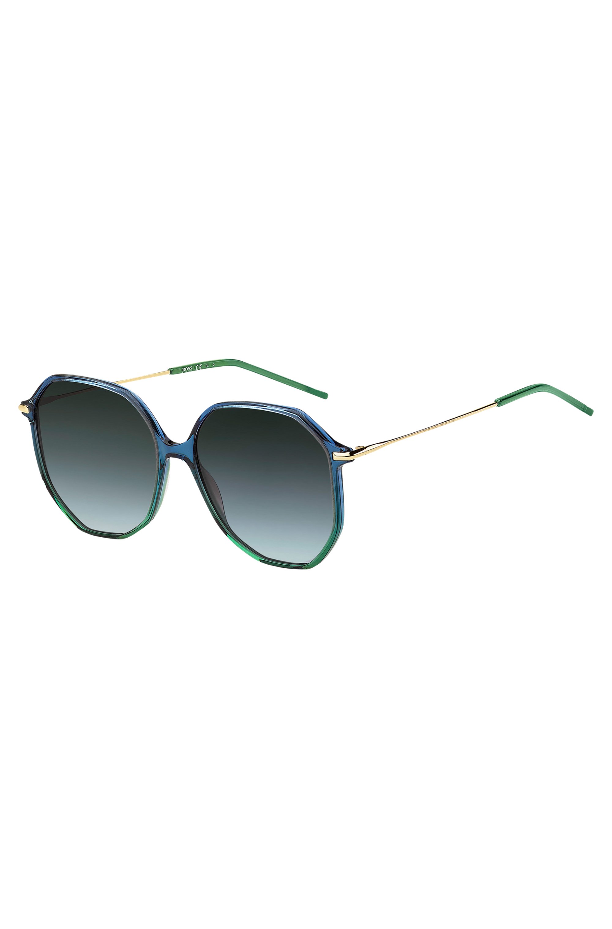 Sonnenbrille mit röhrenförmigen Bügeln und blau-grüner Fassung, Blau gemustert