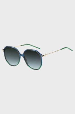 Tubular-temple sunglasses with blue-green frames, Blue Patterned