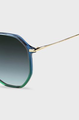 Tubular-temple sunglasses with blue-green frames, Blue Patterned