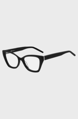 Black-acetate optical frames with tonal logos, Black