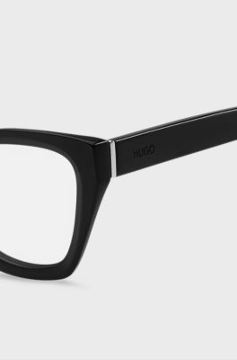 Black-acetate optical frames with tonal logos, Black