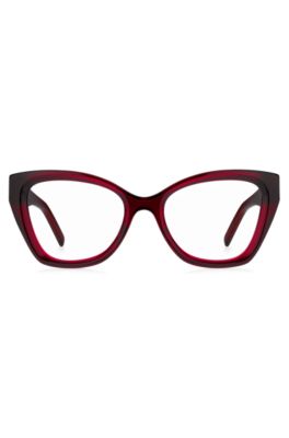 Red-acetate optical frames with temple logos, Red