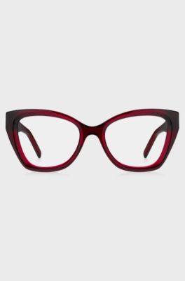 Red-acetate optical frames with temple logos, Red