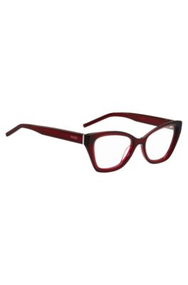 Red-acetate optical frames with temple logos, Red